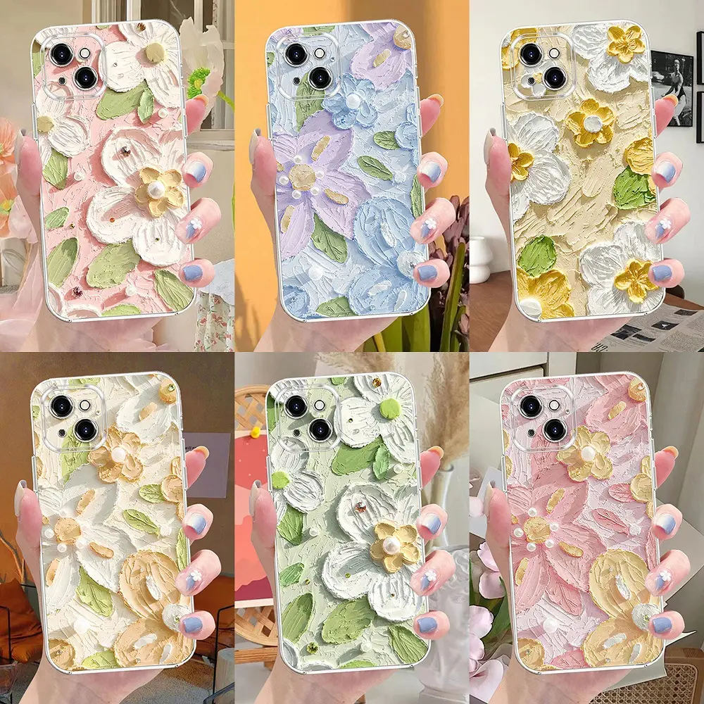 New Oil Painting Flower Shockproof Phone Case for iPhone 15 14 13 12 mini 11 Pro Max X XR XS 7 8 Plus Girly Korean Style Case