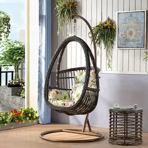 Cadeira balanço de rattan para áreas externas, cadeira de balanço em formato de ovo para adulto, mobiliário de varanda, cadeira de balanço de plástico única com travesseiro de almofada