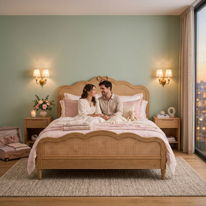 Base de Cama de Ratán Francés, Tamaño King, Plataforma de Madera Sólida con Cabecera - Product Image 1