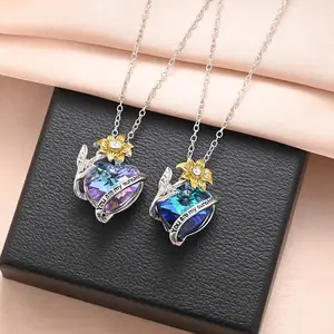 Collar De Flores Engraved YOU ARE MY Sunflower Pendant Necklace Two-color Crystal Gemstone Love Heart Pendant Necklace