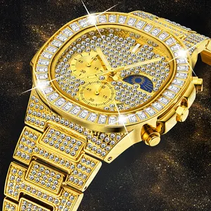 MISSFOX Men luxury Gold Watch Full Diamond Double Dial Chronograph Waterproof Moon Phase Calendar Watches