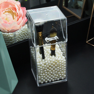 Transparent Makeup Brush Storage <b>Box</b> 9cmx9cmx20.5cm Dustproof Desktop Organizer With Pearl Beads For Cosmetic <b>Tools</b> - Product Image 1