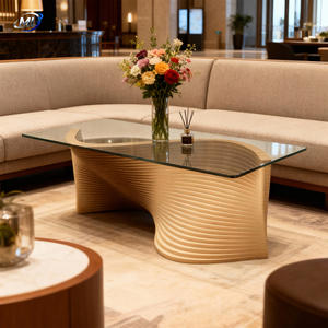 Table basse moderne en bois à base ondulée personnalisée, structure incurvée, plateau en verre, design minimaliste, mobilier de restaurant, décoration de cuisine et de maison - Product Image 2