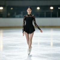 Robe de patinage artistique noire en dentelle à manches longues avec dos découpé pour filles et adultes, idéale pour les compétitions et spectacles sur glace