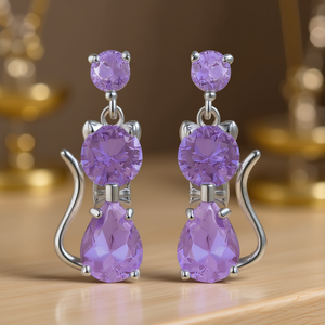 E3822 Orecchini Pendenti a Forma di Gatto Viola, Placcati in Argento, in Lega di Zinco, Design Animale Carino, Gioielli di Moda per Donne, Regalo - Product Image 2
