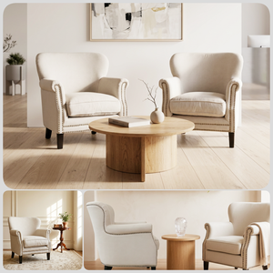 Fauteuil d'appoint moderne à dossier haut avec clous en laiton, rembourrage en coton fait main, pieds en bois massif, dossier capitonné écologique pour chambre et salon - Product Image 6