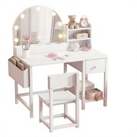 Coiffeuse moderne en bois pour enfants avec table, chaise, miroir lumineux et 2 tiroirs – Idéale pour la vente en gros