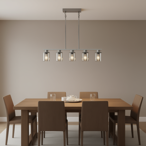 Contemporary Chrome Iron Kitchen Island Pendant <b>Light</b> <b>5</b> <b>Light</b> Brushed Nickel <b>Chandelier</b> Clear Glass Shades Dining Room - Product Image 2