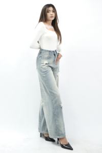 Jean droit bleu clair taille haute 8841 polyvalent coupe régulière respirant lavable vêtements de tous les jours Design tendance élégance facile - Product Image 2