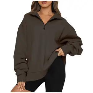 Phụ Nữ Quá Khổ Nửa Zip Áo Thun Hoodie Với Túi In Đồng Bằng Áo Cho Mùa Thu Và Mùa Đông Quần Áo Thời Trang Dạo Phố