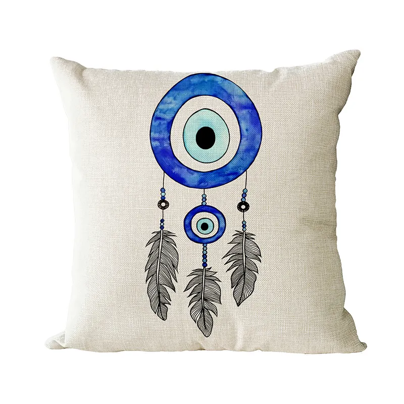 Kingcome Hot Sale Home Evil Eye Thermal Transfer Printing Flower Soft Linen Pillow Cover Turkish Eyes Cushion Cover