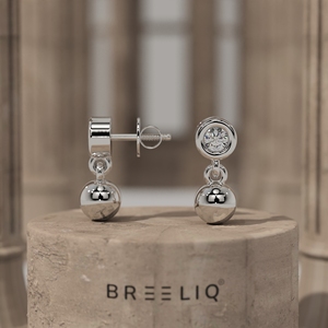 Boucles d'oreilles clous en or blanc 14 carats serties de diamants, avec pendentif boule polie, élégantes et minimalistes, diamant taille ronde - Product Image 1