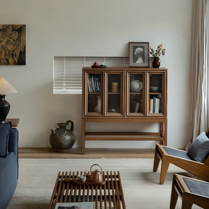 Vintage Retro Medieval Style Living Room <b>Sideboard</b> Teak Glass Bookshelf Solid Wood Display <b>Storage</b> China Made - Product Image 3