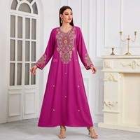 Nouvelle Arrivée Transfrontalière Automne 2026 Abaya Femme Élégante en Polyester à Manches Longues et Ourlet Évasé, Broderie Perlée Faite Main et Strass