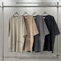 Kaos Pria Gaya Jalanan Amerika 275g Distressed Vintage Patchwork Frayed Edge Personalized Drop-Shoulder Lengan Pendek