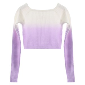 Top de punto acanalado con efecto degradado y efecto tie-dye para niñas, estilo cruzado, con hombros descubiertos, manga larga, corto, tipo suéter de ballet, para calentamiento y cobertura en danza - Product Image 4