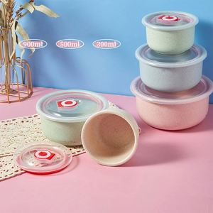 Nouvel ensemble de 3 bols de conservation en paille de blé avec couvercle, fournitures de cuisine, boîte à lunch ronde de type bento - Product Image 1