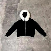Fabricant de vêtements – Sweat à capuche court et ample pour homme, 400 g/m², en molleton 100 % coton, avec capuche amovible en fausse fourrure véritable, fermeture éclair