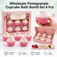 Set de 6 Bombas de Baño Artesanales Naturales con Aroma a Cupcake de Granada, Color Rosa y Blanco, con Espuma y Chispas, Hidratantes y Aromáticas, Marca Privada OEM