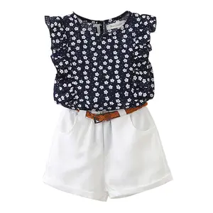 Summer kids girls clothes floral sleeveless t-shirt Shorts with belt 2 pieces set for children girl