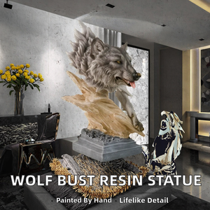 Sculpture en résine <span class=keywords><strong>de</strong></span> <span class=keywords><strong>tête</strong></span> <span class=keywords><strong>de</strong></span> <span class=keywords><strong>loup</strong></span> réaliste avec bouche ouverte et crinière fluide, finition pierre grise, statue d'animal, décoration <span class=keywords><strong>de</strong></span> jardin extérieur - Product Image 2