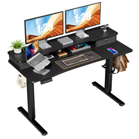 Bureau debout électrique moderne pour télétravail, réglable en hauteur, avec étagère de rangement et double tiroir, structure en fer