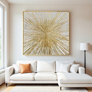 Peinture à l'huile peinte à la main, cadre doré, carré, moderne, minimaliste, décoration murale pour salon - Product Image 1