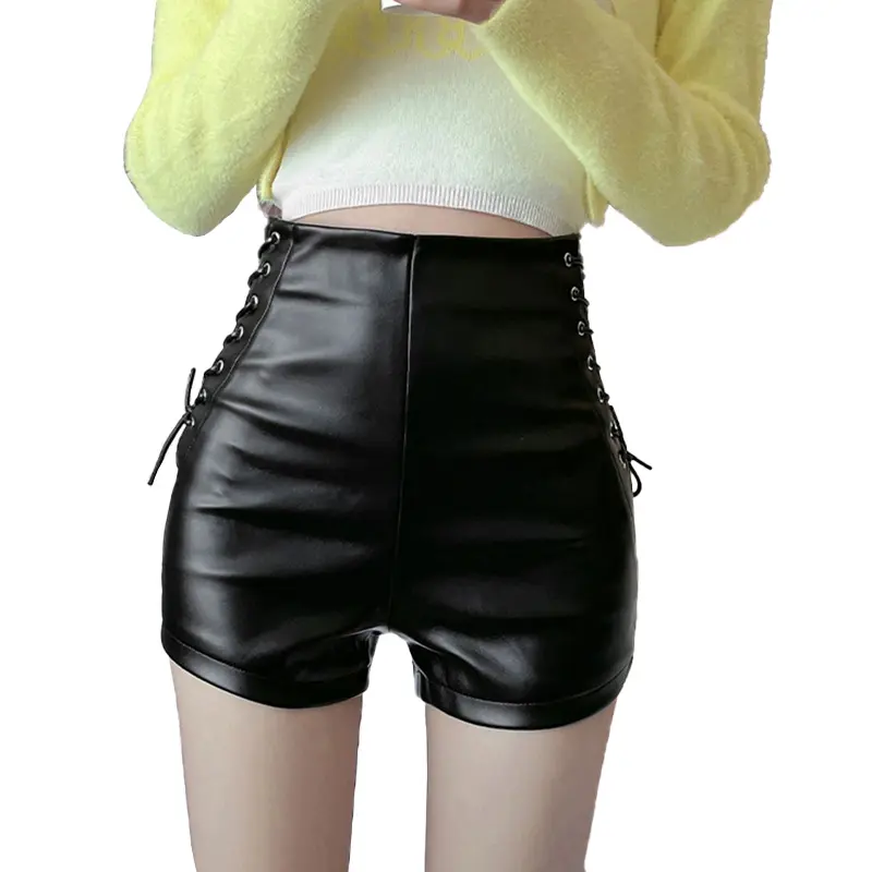 New Arrival Sexy High Waist Women Black Real Sheepskin Leather Shorts