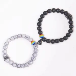 Unisex hand jewelry natural turquoise frosted double beaded volcanic lava rock stone heart shaped magnetic bracelets for couple