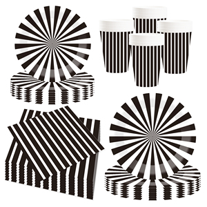Ensemble de vaisselle rayée DAMAI noir et blanc pour fête, décoration de baby shower et d'anniversaire, assiettes en papier de 9 pouces, serviettes, couverts - Product Image 3