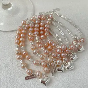 SB4010 925 pulsera en forma de amor de perlas de agua dulce de plata Pulsera en forma de amor de perlas de agua dulce cultivadas para mujer joyería fina