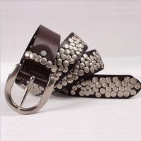 Ceinture à rivets Hip-hop pour hommes et femmes, large boucle en cuir de vache ajouré, face, alliage,