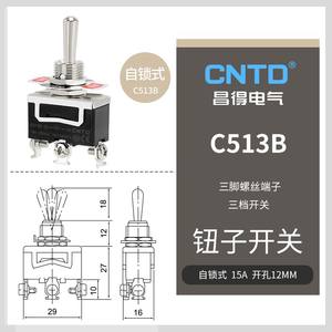 Interruptor de Palanca CNTD Changde C513B C5R13B 15A, Tres Pines, Tres Posiciones, Autobloqueante con Función de Reinicio - Product Image 1