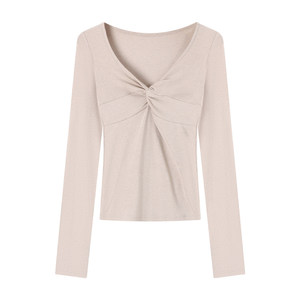 เสื้อครอปแขนยาวคอวีทรงเข้ารูปสำหรับผู้หญิง แฟชั่นเสื้อยืดถัก - Product Image 6