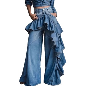 Vaqueros asimétricos con volantes y empalmes, de cintura alta, estilo europeo y americano, largos hasta el suelo para mujer, vaqueros anchos lavados. - Product Image 6