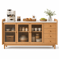 Buffet de luxe rétro moderne avec portes vitrées, placage frêne et bois d'hévéa massif, meuble de rangement pour vin et café, pour salle à manger et cuisine