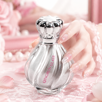 Flacon de parfum en verre transparent vide, rond, en forme de fleur, personnalisable, réutilisable, 50 ml, avec bouchon à sertir et couvercle argenté personnalisé