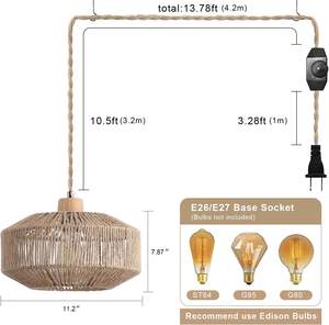 Lampe suspendue tissée côtière avec abat-jour <span class=keywords><strong>en</strong></span> corde de chanvre fait à la main interrupteur à intensité variable panier naturel lampe suspendue pour décor - Product Image 3