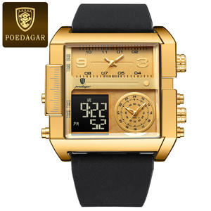 POEDAGAR Montre Homme Dorée Rectangle Étanche Lumineuse Jour Semaine Montre-Bracelet Homme Montres Multifonctions Homme Quartz Numérique Reloj - Product Image 3