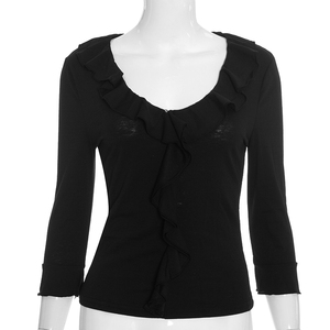 Camiseta Viviblook J26TP308 para Mujer, Top Casual de Otoño, Nuevo Color Sólido, Cuello en V con Volantes, Corte Ajustado, Top Corto para Damas - Product Image 2