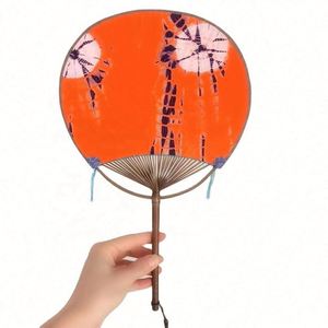 2023 Chinese Style Embroidery Round Hand Fan with Bamboo Handle Blue <b>Tie</b>-Dye Fabric Classical Folk Art Design - Product Image 5