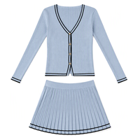 Ensemble deux pièces plissé côtelé à col en V brodé avec jupe et cardigan pour femme – Vêtements féminins