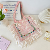 Bolso Tote Vintage de Lona con Bordado Floral a Cuadros, con Volantes y Encaje, de Gran Capacidad, para Niñas, para la Escuela, Viajes y Uso Diario