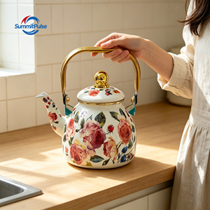 <span class=keywords><strong>Teiera</strong></span> in Smalto Spesso da 1,2L con Base in Acciaio Inox e Coperchio in Vetro, Fatta a Mano, Adatta al Forno, Bianca con Decorazioni <span class=keywords><strong>per</strong></span> Fornelli a Gas e a Induzione - Product Image 1