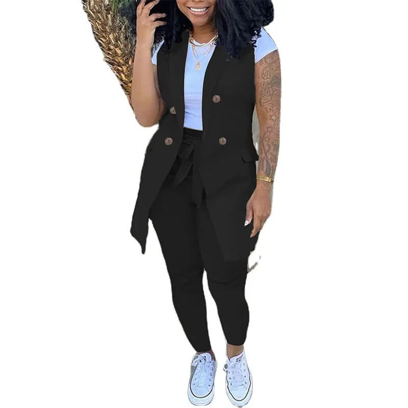 Women's Chic 2Piece Set Lapel Collar Double Button Long Vest Blazer Paper Bag Waist Pants with Belt