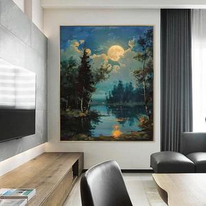 Pintura Abstracta de Paisaje Nocturno con Luna, Bosque y Lago, para Hogar y Galería - Product Image 2