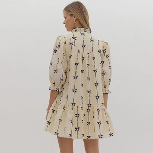 Shewin Bán buôn phụ nữ <span class=keywords><strong>2025</strong></span> mùa xuân Boho ăn mặc giản dị bong bóng tay áo V cổ đen cung in trắng Phụ nữ mùa hè mini tự nhiên eo - Product Image 4