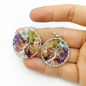 Etsy Best Selling Earrings Handmade Hoop Statement Earring Wire Wrapped Life of Tree Raw Natural Gemstone Dangle Earrings