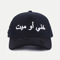 Gorra de Béisbol Premium de 5 Paneles, de Gamuza Lujosa, con Visera Curva, Negra, con Logotipo Bordado en 3D con Escritura Árabe Personalizada y Forro de Satén