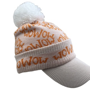 2025 nouveau Design Jacquard logo <span class=keywords><strong>tricot</strong></span>é chapeau d'hiver à la mode de haute qualité 100% laine plié <span class=keywords><strong>pompon</strong></span> <span class=keywords><strong>bonnet</strong></span> avec visière - Product Image 2